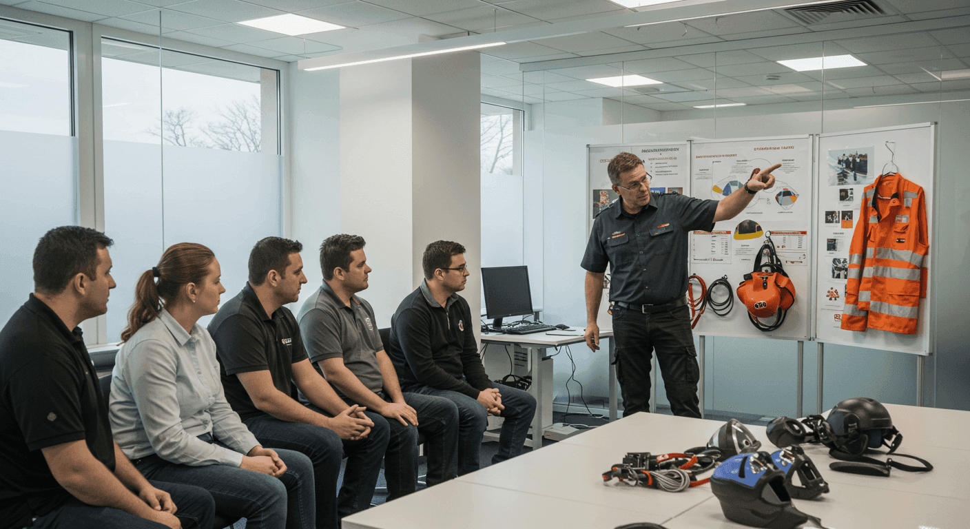 munkavédelmi oktatás csoportos képzés modern irodában